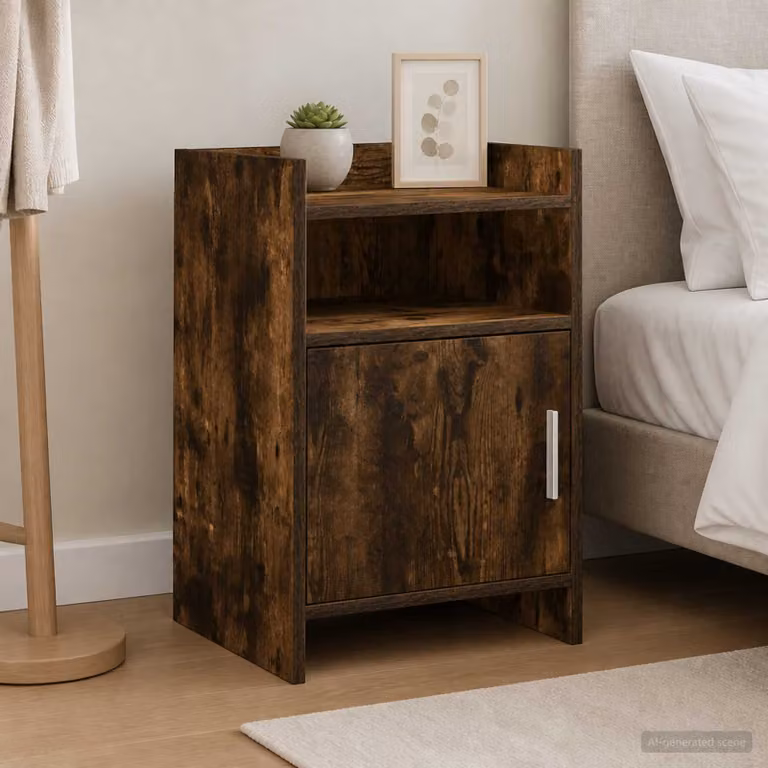 Comodino moderno vidaXL in legno ingegnerizzato e metallo, colore rovere fumo, L 40 cm x P 36 cm x H 60 cm