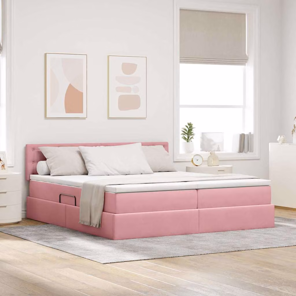 Letto con Contenitore vidaXL in Velluto e Finta Pelle Rosa e Bianco con Materasso Ibrido L/P/H: 100 x 200 x 78 cm – 1