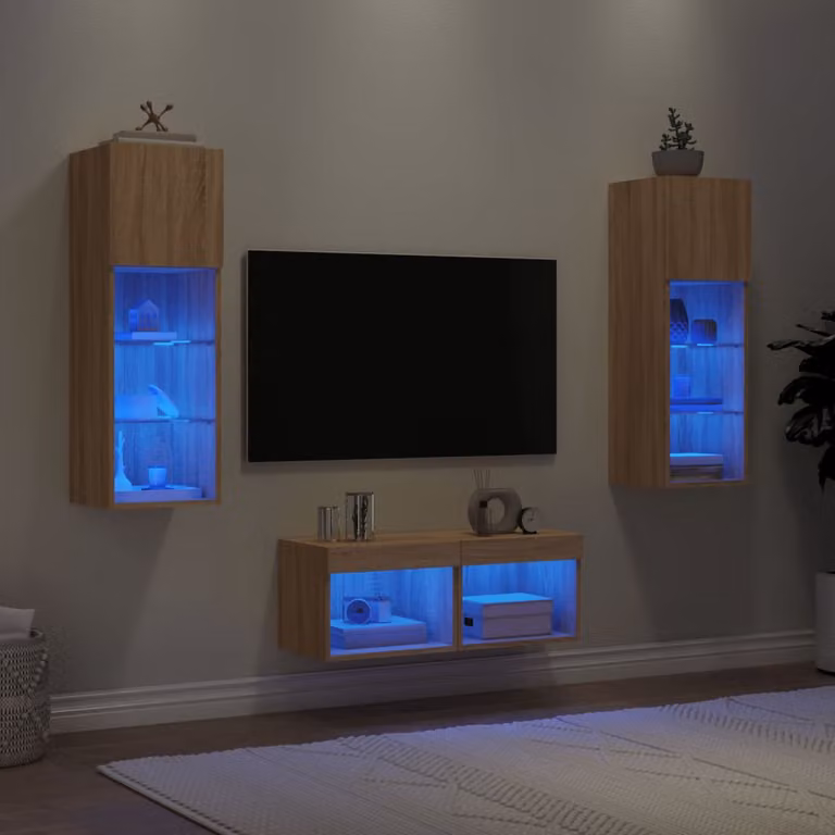 Set di 4 mobili TV da parete vidaXL con luci LED integrate in Rovere Sonoma e finitura opaca