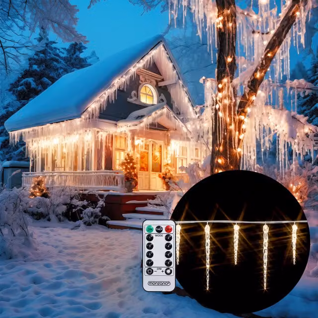 Luci di Natale Monzana® a forma di ghiacciolo con 40 LED bianchi e blu, lunghezza 10,4 m, con telecomando, timer e regolazione intensità luminosa, protezione IP44