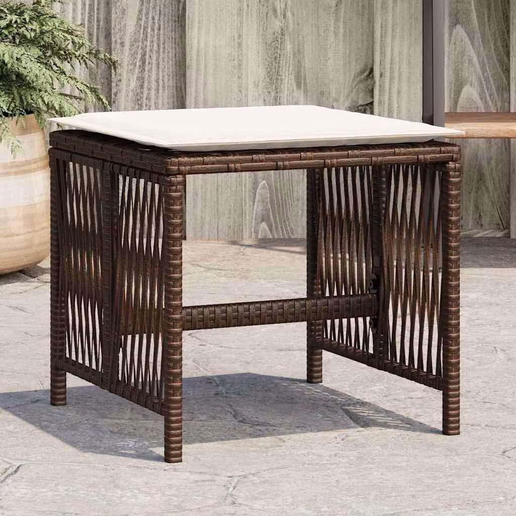 Set di 4 sgabelli da giardino vidaXL in polyrattan marrone con cuscini bianchi L/P/H: 41 x 41 x 36 cm