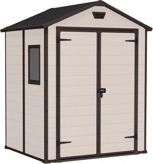 Casetta da Giardino Keter Manor 6x5 in Resina Beige con Doppia Porta e Finestra per Deposito Attrezzi L: 185 cm, P: 226 cm, H: 152 cm – 1
