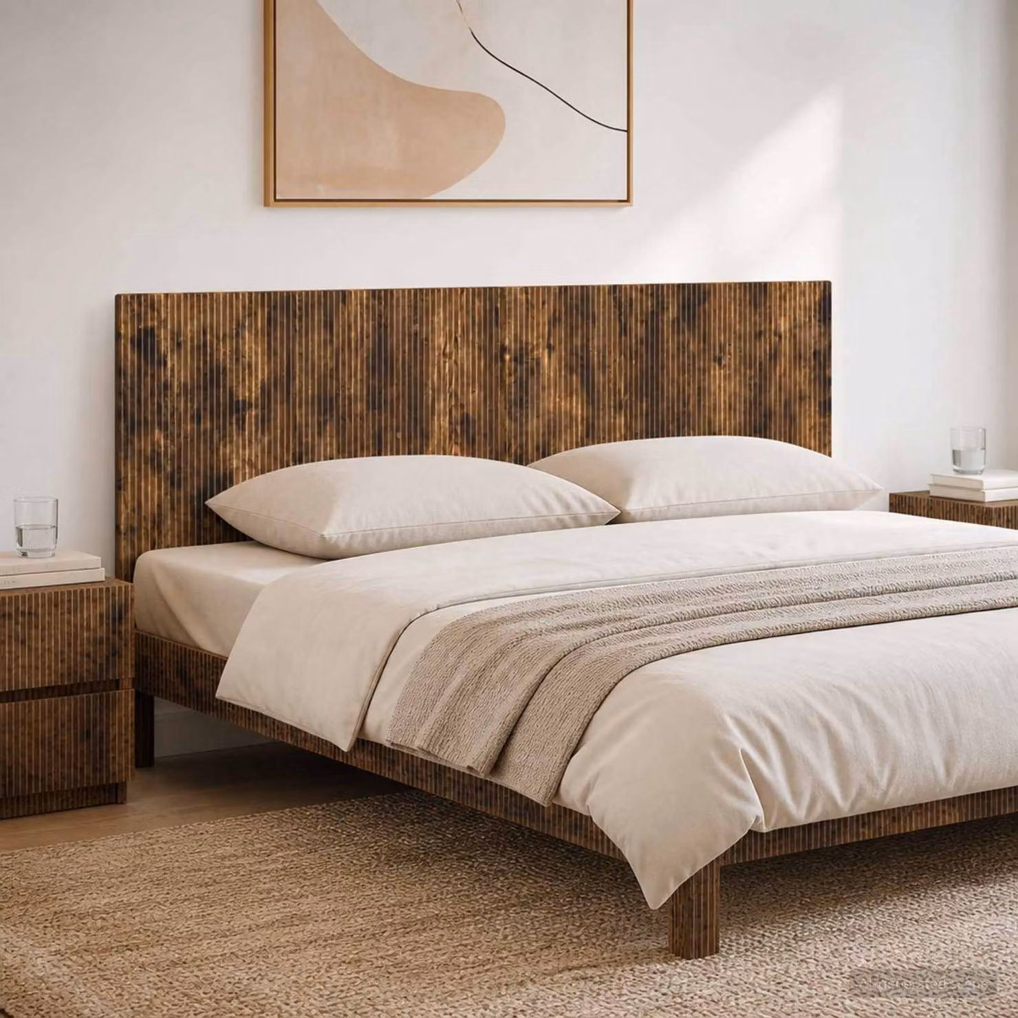 Testiera da muro vidaXL ARNHEM in legno ingegnerizzato Rovere Fumo con ripiano integrato, marrone, L: 200 cm, H: 50 cm, P: 16,64 cm