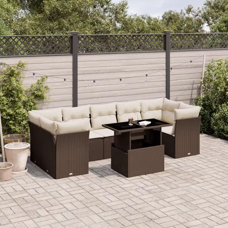 Set Divani da Giardino vidaXL 8 Pezzi con Tavolino e Cuscini, Design Moderno a L in Polyrattan Marrone e Bianco