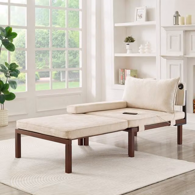 Poltrona Letto Estraibile Singolo REDOM in Velluto Beige con Braccioli e Porte USB/Type-C
