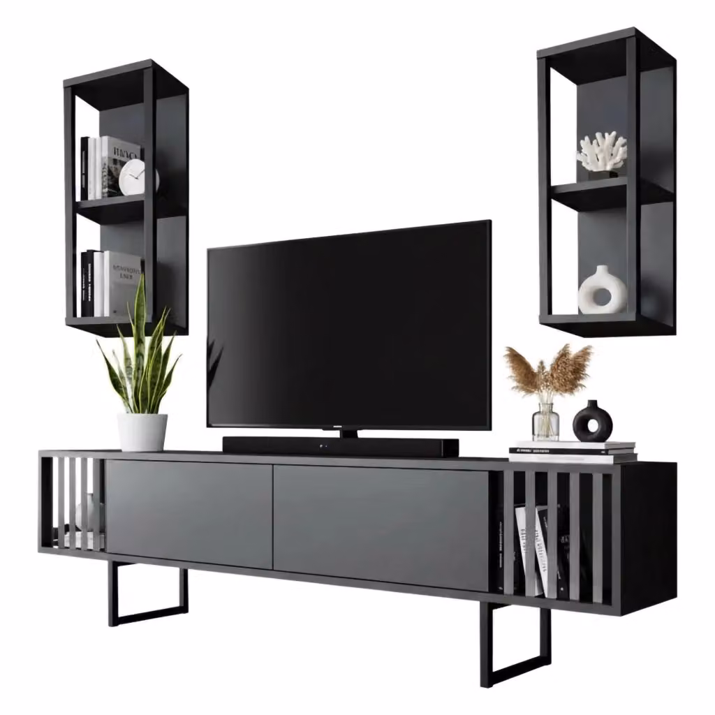 Mobile porta TV DMORA moderno in metallo Antracite e Nero L: 180 cm, P: 30 cm, H: 48 cm – 2