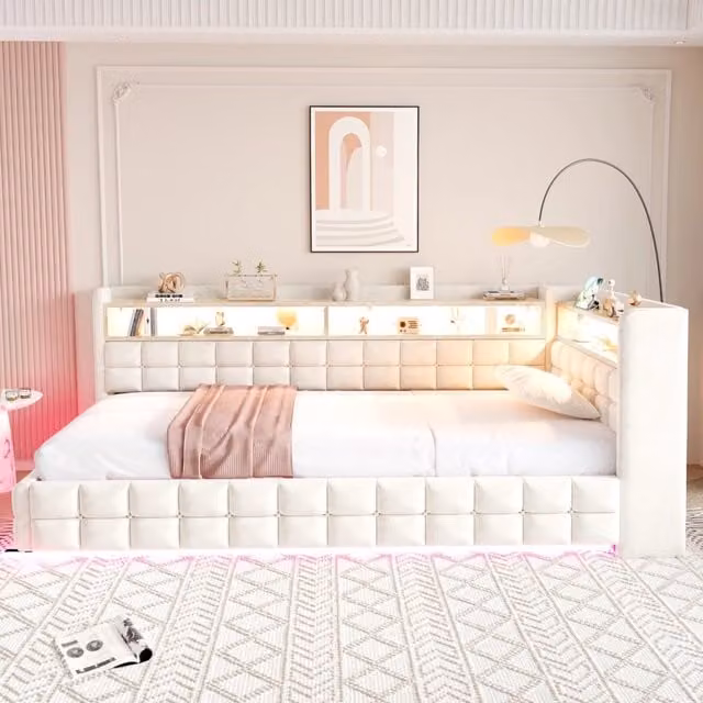 Divano letto 90x200cm - Deposito idraulico - LED e spine USB / Type-C - Scaffali laterali - Tessuto in velluto - Capacità 200kg - Beige
