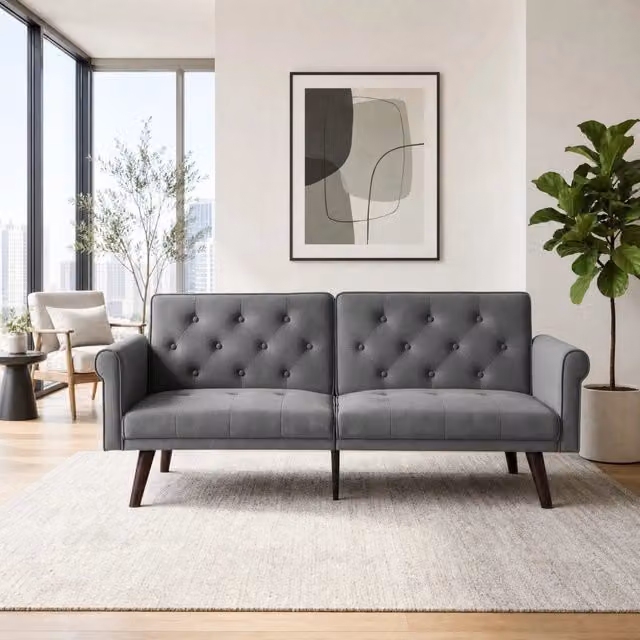 Divano letto MIVRAY a 2 posti in velluto grigio con schienali regolabili e funzione click-clack