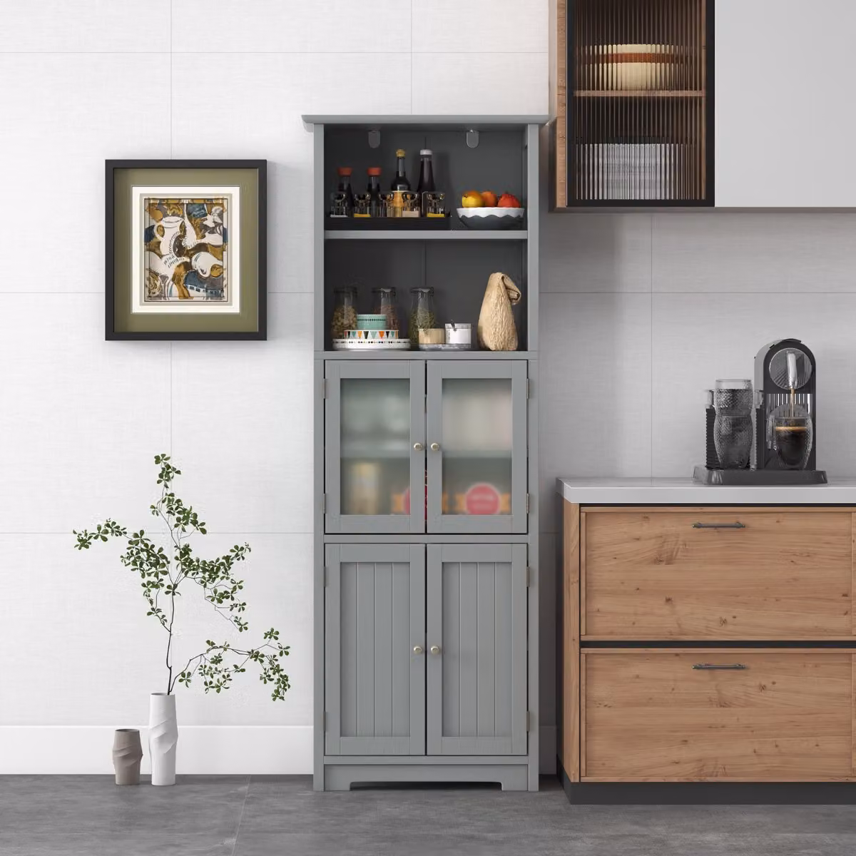 Costway Armadio da Bagno Moderno con Ante in Vetro e Ripiani Regolabili, Mobiletto Alto da Terra Grigio, L: 60 cm, P: 30 cm, H: 163 cm – 3