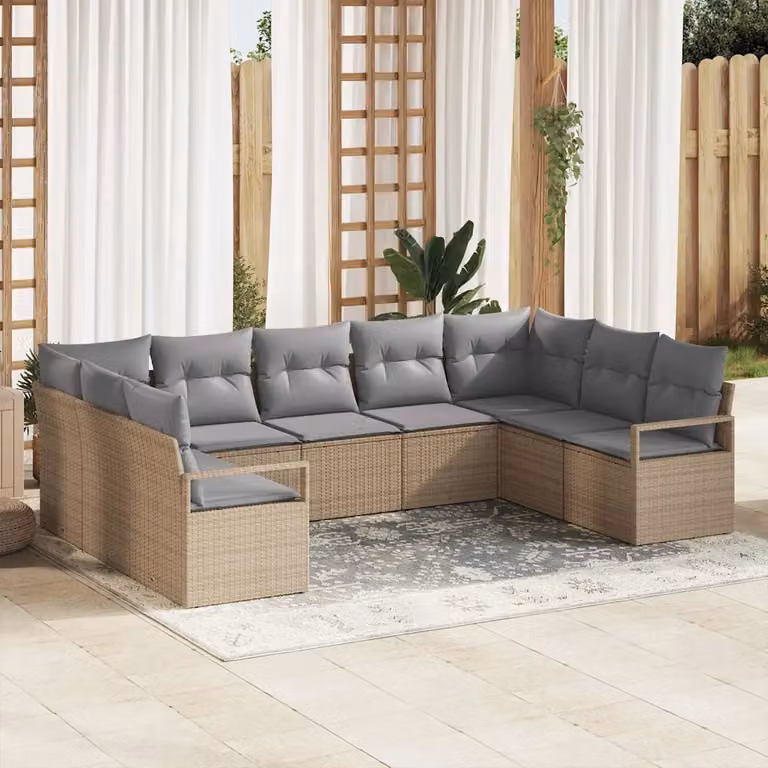 Set di divani da giardino vidaXL 9 pezzi in rattan beige con cuscini e tavolino da esterno