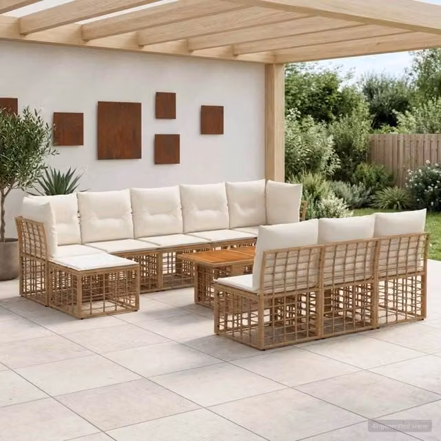 Set Divano da Giardino a L vidaXL in Polyrattan con Cuscini Beige e Bianco, 11 Pezzi
