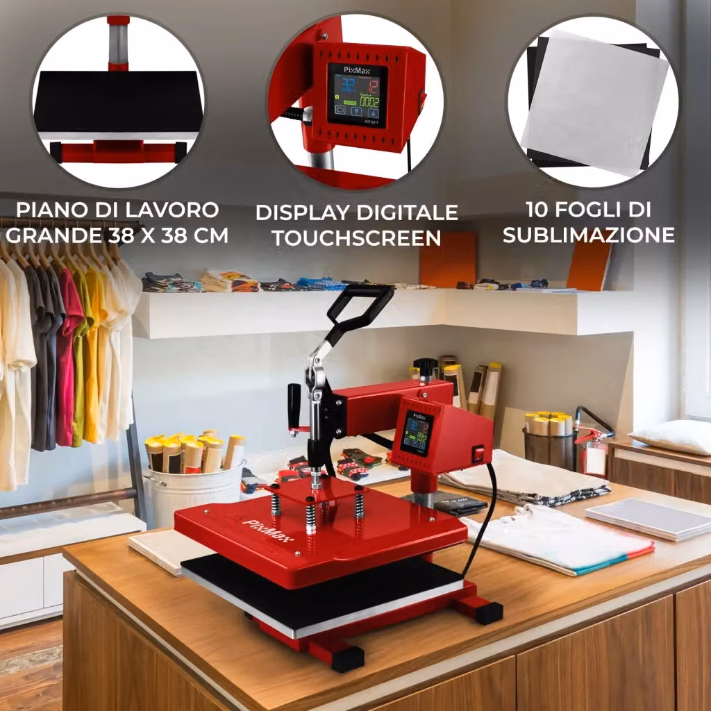 Macchina per stampa a sublimazione PixMax rossa con piatto rotante per personalizzare t-shirt, borse e custodie per telefoni – 2