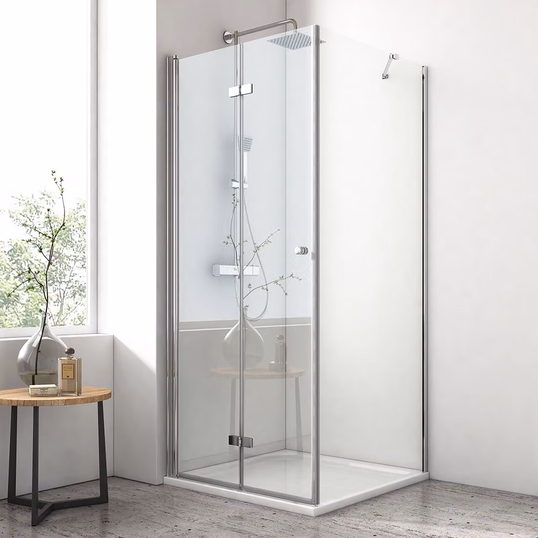Cabina doccia EMKE 80x80x185 cm Porta pieghevole Ingresso angolare Pannello doccia Porta doccia senza telaio con parete laterale, vetro di sicurezza ESG da 6 mm