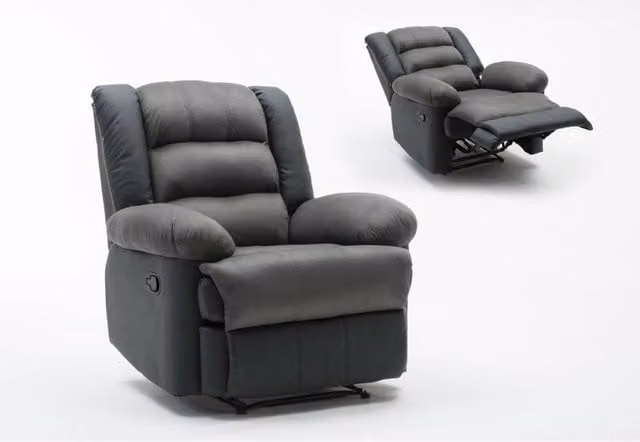 Poltrona relax Buckingham in ecopelle con leva manuale, Nero e Grigio scuro – 1