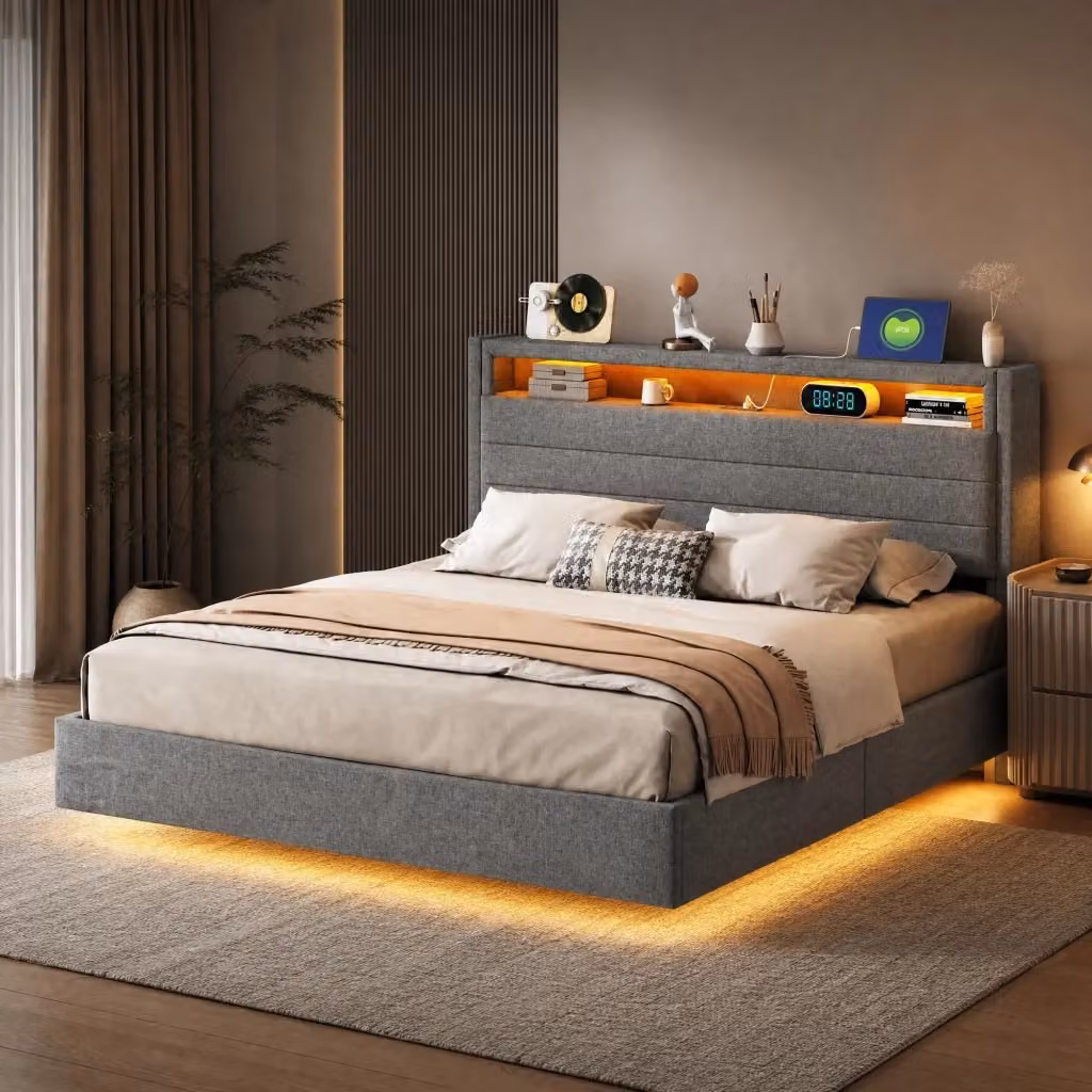 Letto Imbottito con Contenitore REDOM Grigio con USB, LED e Ripiano Laterale L/P/H: 140 x 200 cm – 2