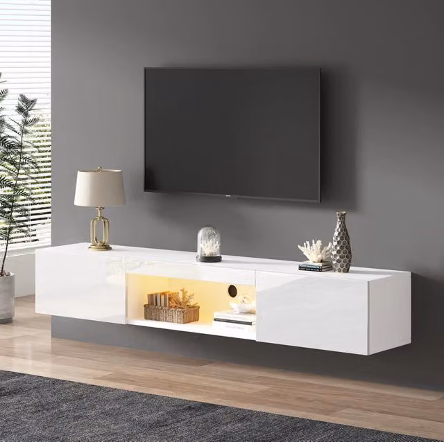 Mobile TV sospeso ULEVR 160x31x22 cm bianco lucido con LED Bluetooth, vano aperto e 2 ante
