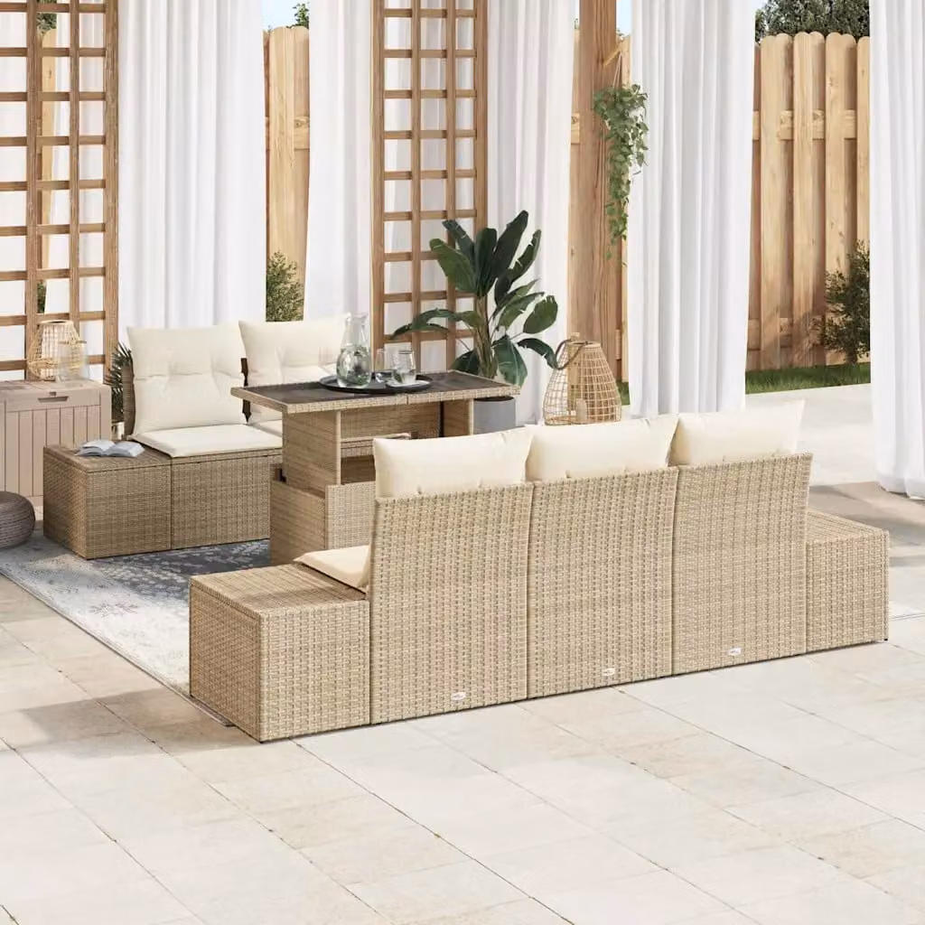 Set di divani da giardino vidaXL in rattan con cuscini beige e struttura in acciaio, composto da 6 pezzi con configurazione a L e tavolino da caffè