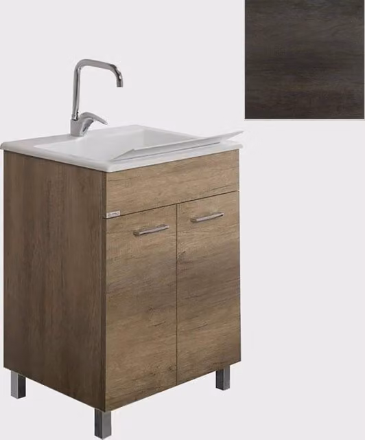 Mobile Lavatoio Vasca Zeus in MineralMarmo Apertura a 2 Ante 60x46x84 cm Olmo Scuro