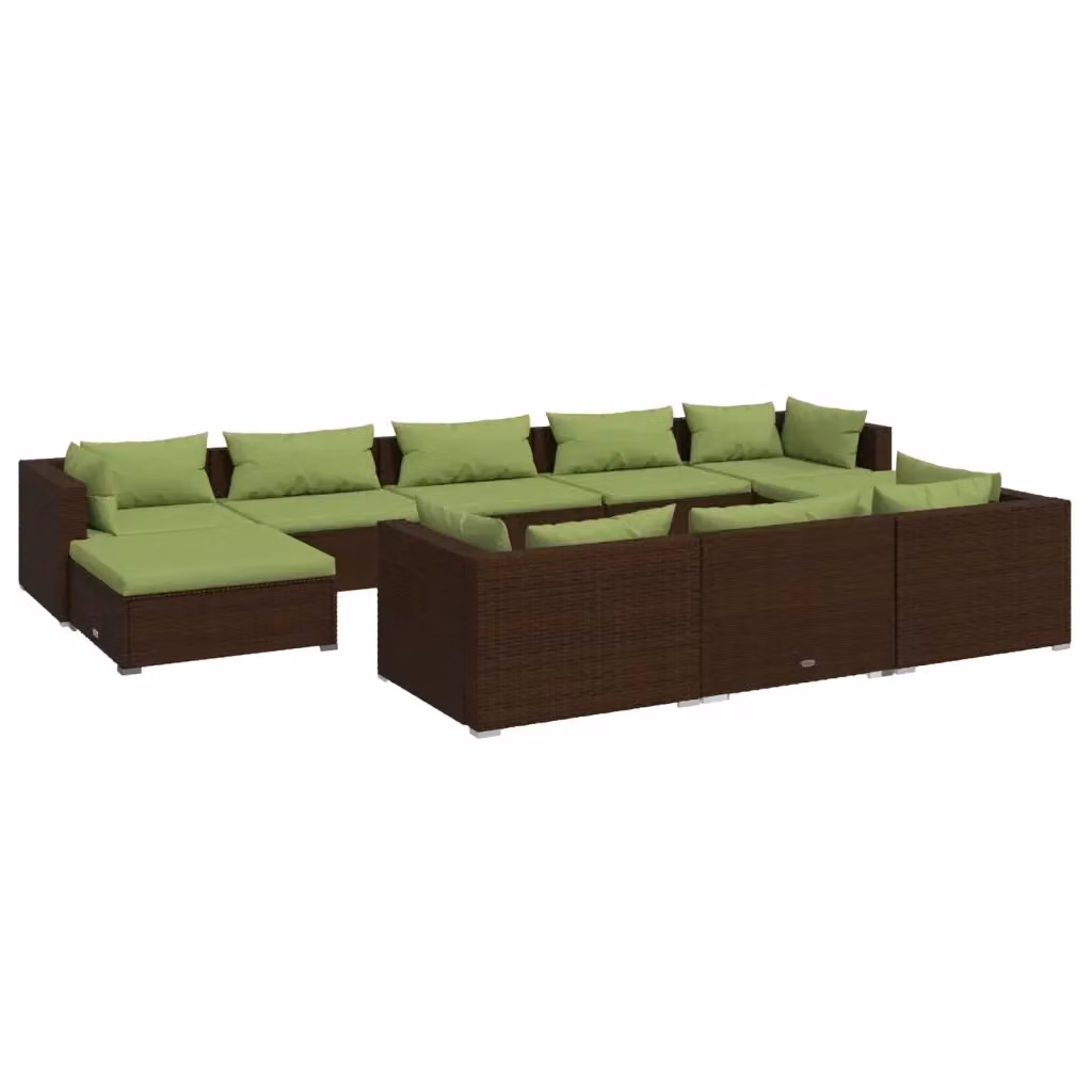 vidaXL Set Divani da Giardino 10 Pezzi in Polyrattan Marrone e Verde con Cuscini e Coperture Rimovibili – 2