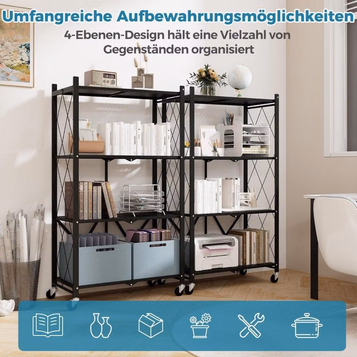 Scaffale pieghevole per carichi pesanti, 4 livelli, scaffale con ruote bloccabili, nero, 71 x 34 x 126 cm