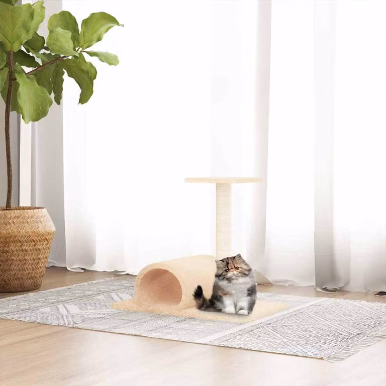 vidaXL Palo Tiragraffi per Gatti con Tunnel in Sisal, Colore Beige, L 60 x P 34,5 x H 50 cm