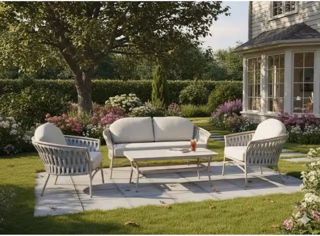 Set da giardino moderno Meublorama composto da divano a 2 posti, poltrone lounge e tavolino con struttura in alluminio verniciato beige e cuscini in tessuto resistente ai raggi UV