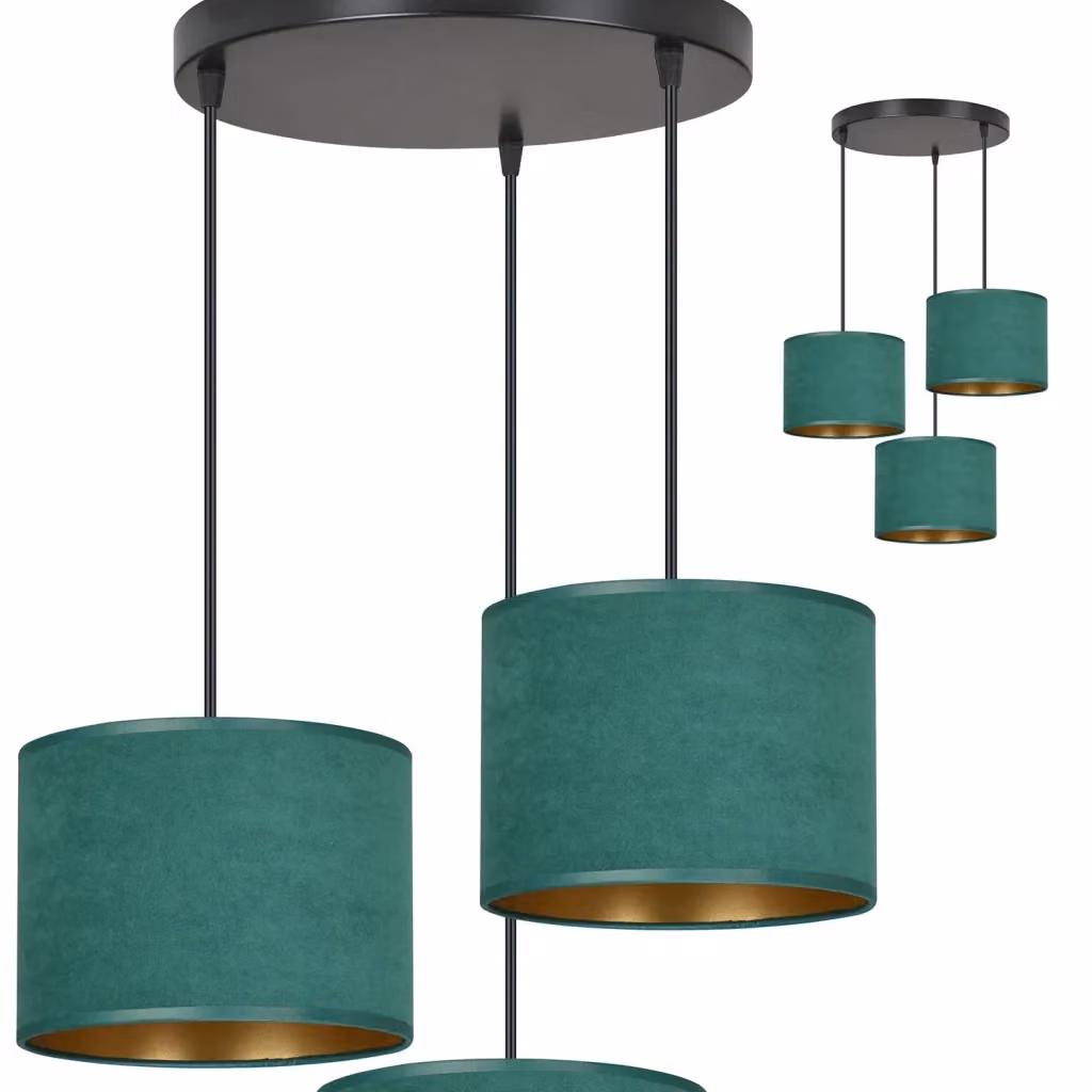 Lampadario Sospeso Tondo Vinayaka Luceart-Classic con 3 Luci in Metallo Nero, Dettagli Oro e Paralumi in Tessuto Verde – 2