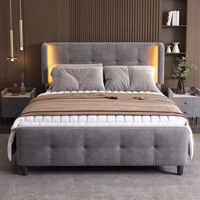 Letto imbottito matrimoniale con LED a 16 colori sui lati, testiera regolabile su 3 altezze, velluto grigio, 140x200 cm