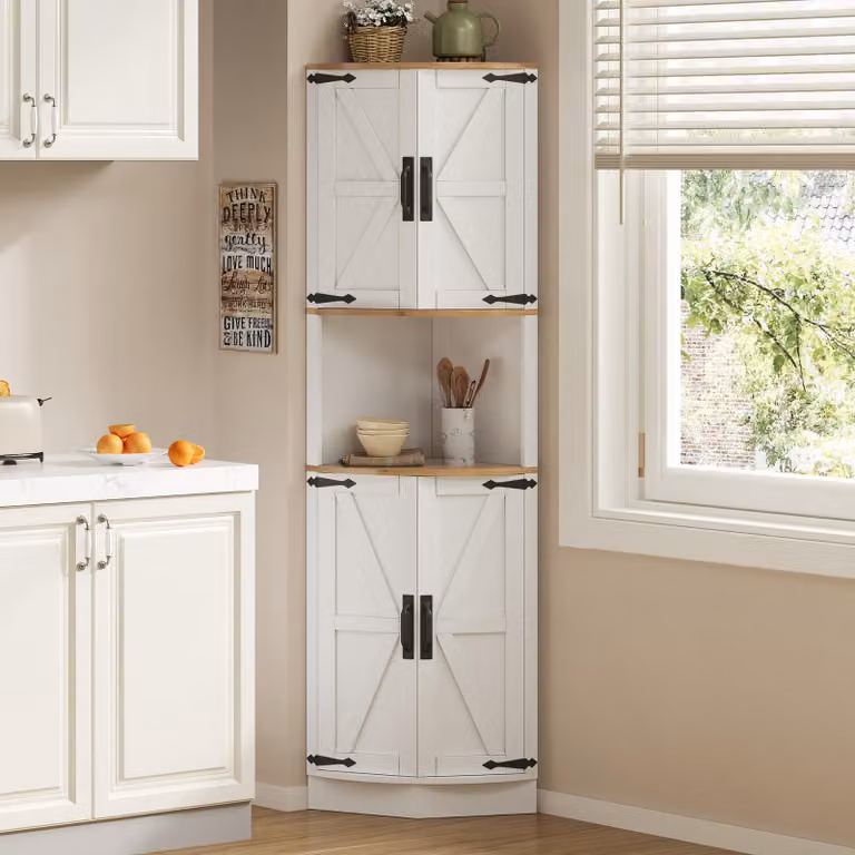 Armadio angolare Flieks Armadio da cucina con 4 ante e ripiano aperto, armadio alto da cucina Armadio da bagno con dispositivo antiribaltamento, 39,5x39,5x180 cm, bianco