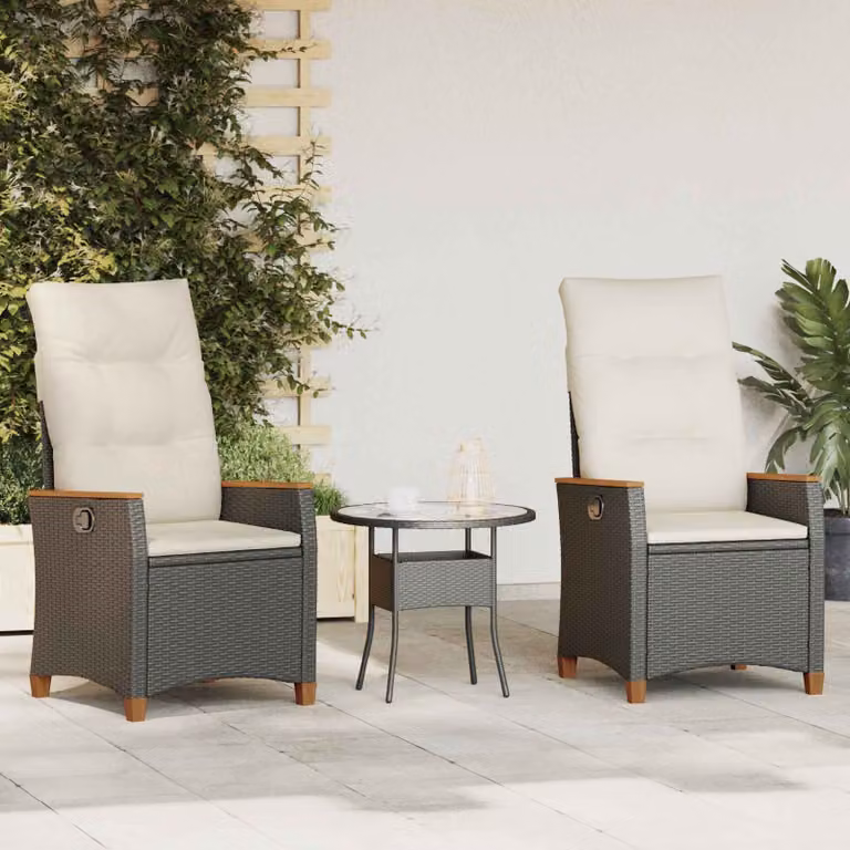 Sedia da giardino reclinabile vidaXL in rattan e metallo, Nero e Beige, L: 64 cm, P: 57,5 cm, H: 112 cm