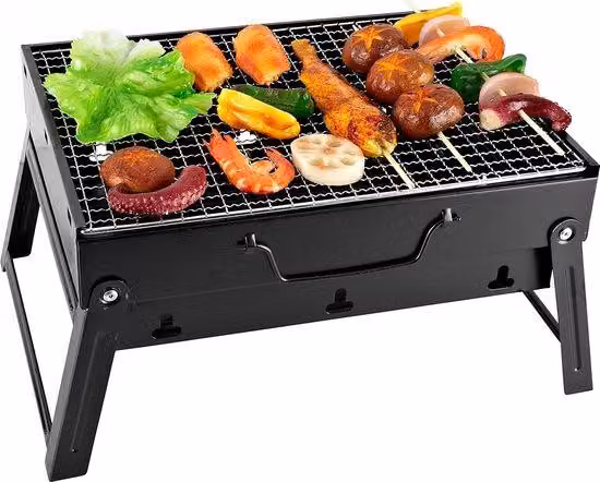 Uniqoos® Mini barbecue a carbone – griglia da tavolo pieghevole in acciaio laminato a freddo con griglia cromata, portatile, con sistema di ventilazione, dimensioni 35x27x19,5 cm, per 3-5 persone, ideale per campeggio e picnic