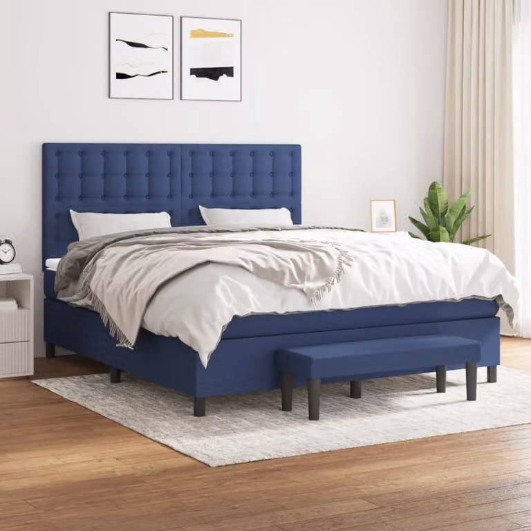 vidaXL Letto Ibrido con Giroletto a Molle e Materasso in Tessuto Blu e Bianco L/P: 180 x 200 cm