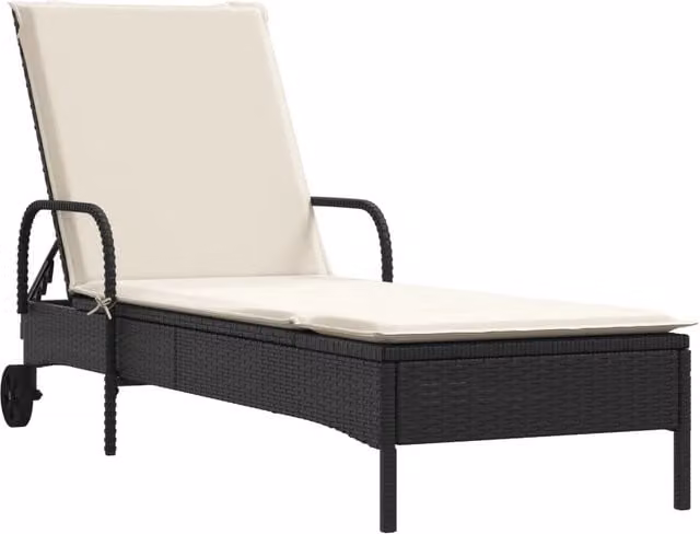 Lettino Prendisole | Sdraio da giardino | Lettino da sole con Ruote e Cuscino in Polyrattan Nero
