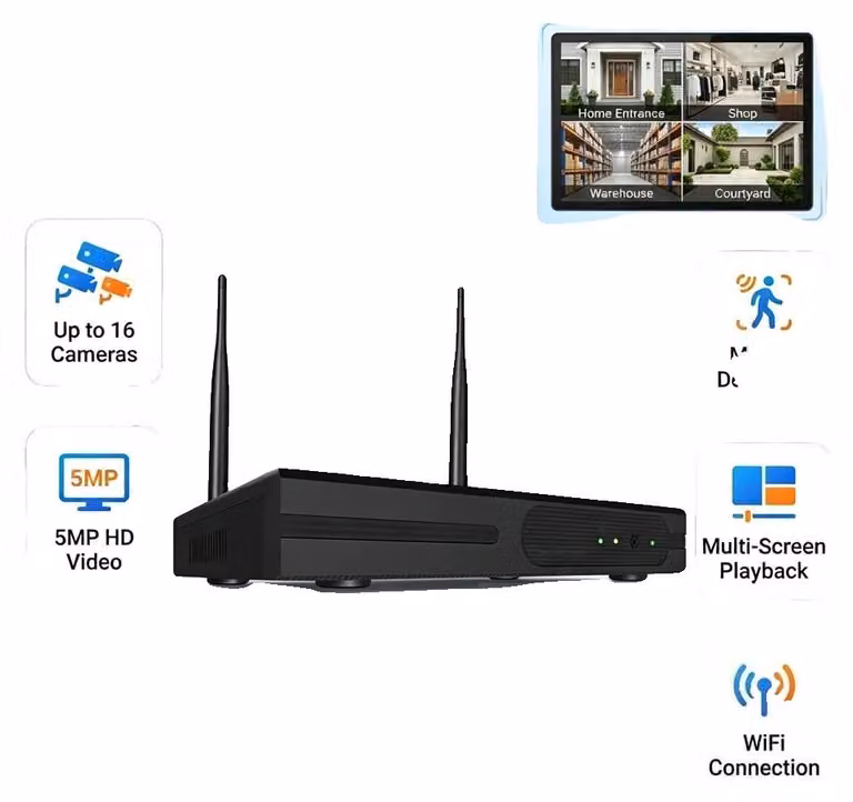 Sistema di telecamere di sicurezza, 8MP, doppia lente, accesso remoto. Include 1 unità NVR Wi-Fi a 16 canali. Non include alimentatore