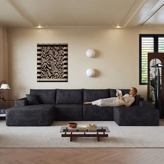 Divano angolare modulare con Chaise Longue ¨C Minimal ¨C nero, 340cm