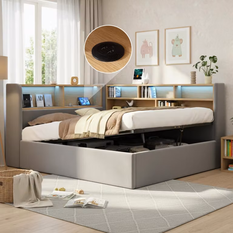 Divano letto idraulico Flieks 140x200cm con contenitore, letto imbottito con USB e Type-c, letto da giorno letto matrimoniale letto per ragazzi con Led, velluto, grigio