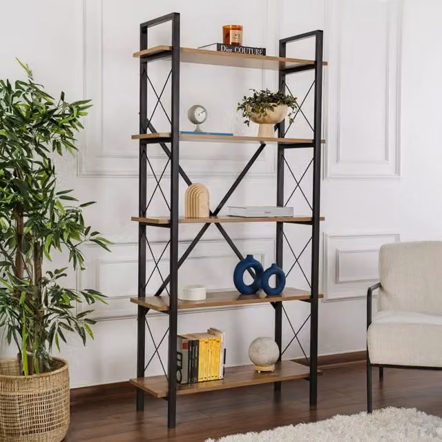 Libreria Suriel DMORA moderna in legno e metallo, colore Noce e Nero, L 90 cm x P 34 cm x H 180 cm – 1