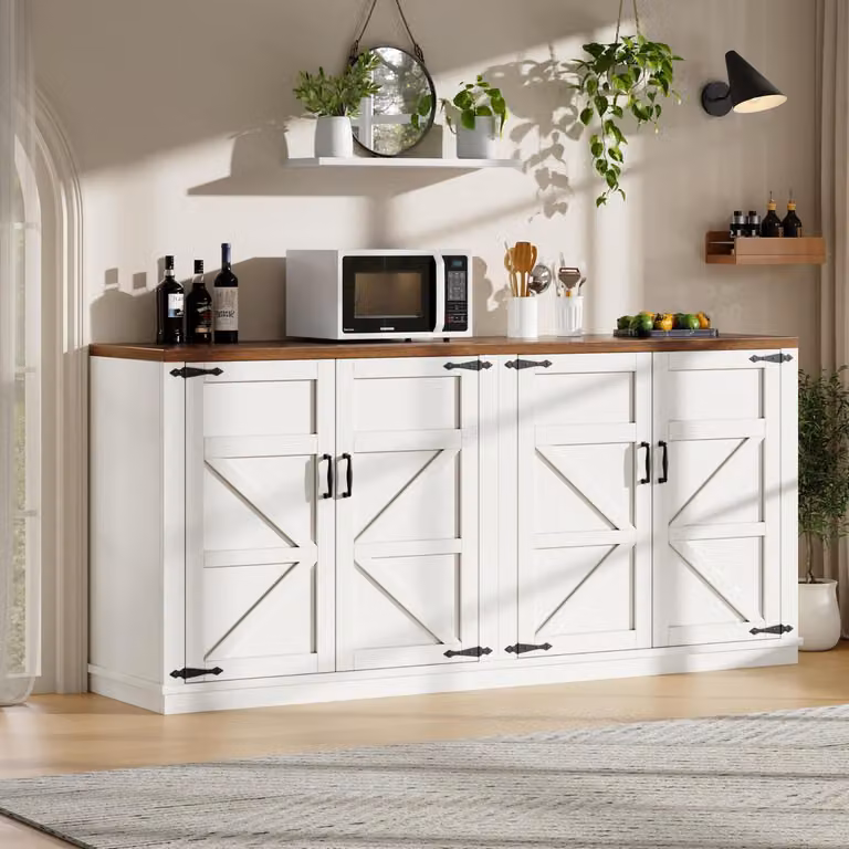 Credenza buffet, mobiletto da cucina, bianco, 160x40x85 cm, 4 ante, ripiani interni regolabili