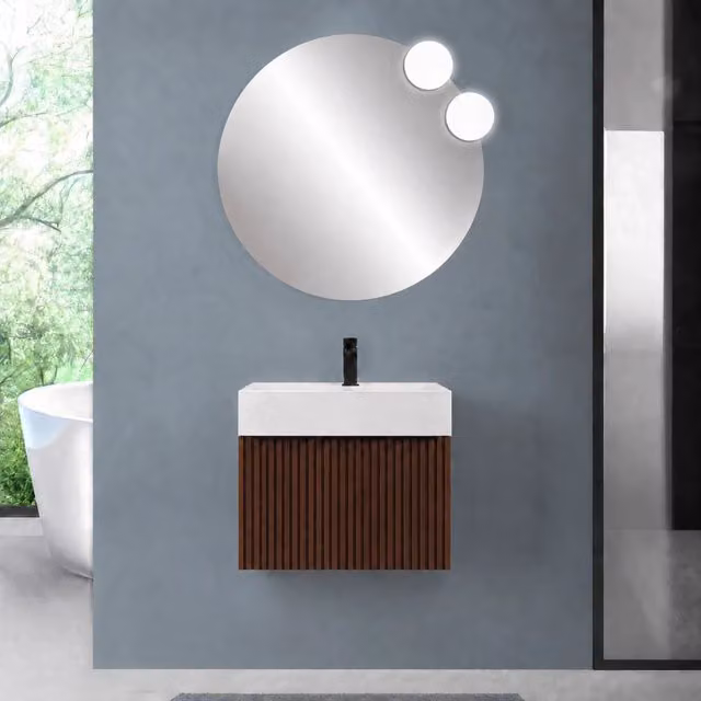 Mobile bagno sospeso 70 cm noce maya con un cassetto e lavabo alto in resina Nara