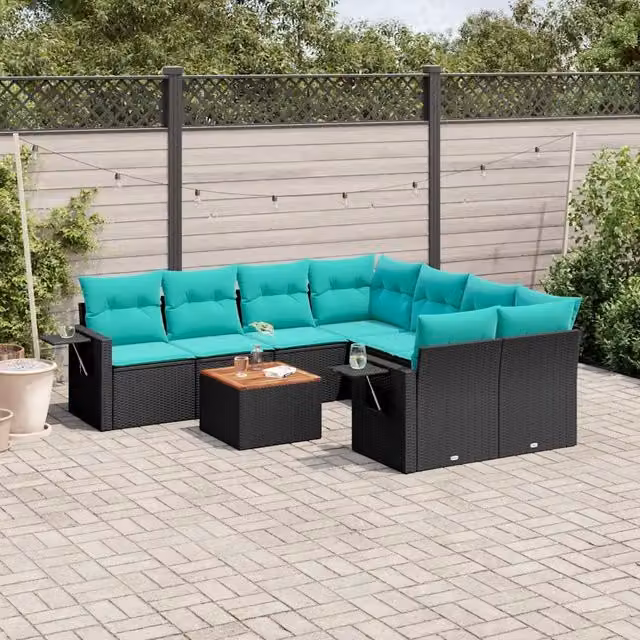 Set Divani da Giardino 9 pz con Cuscini Nero in Polyrattan 3224489