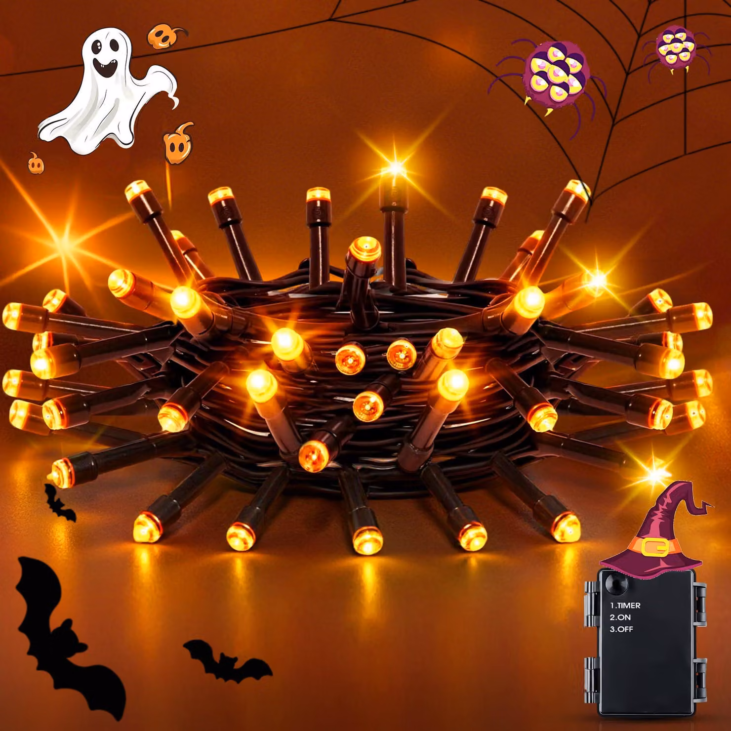 Catena luminosa a LED per Halloween, colore arancione, lunghezza 2 metri, 20 LED, grado di protezione IP65, con timer