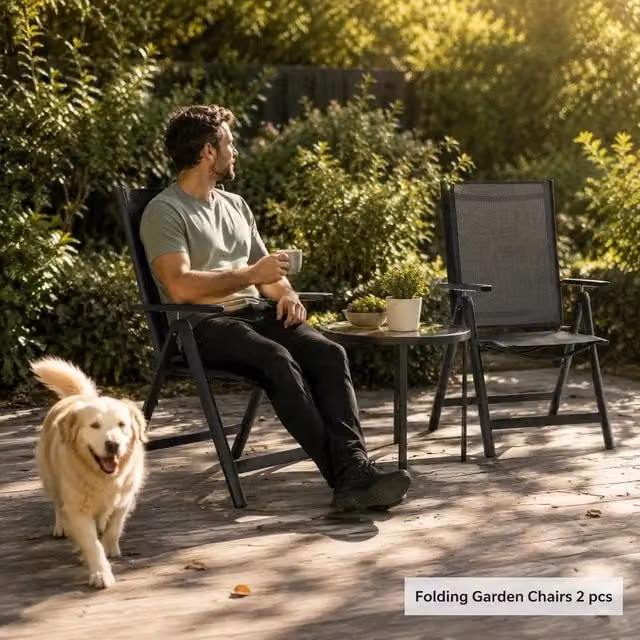 Folding Garden Chairs, Set Of 2. Textilene And Aluminum, Black.