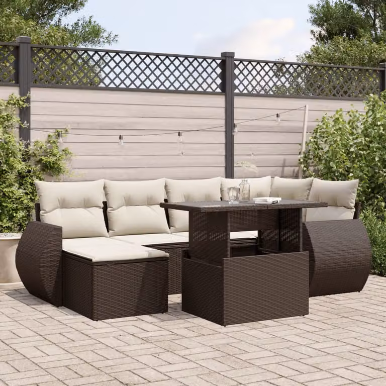 vidaXL Set Divani da Giardino 7 pz in Polyrattan Marrone con Cuscini e Tavolino