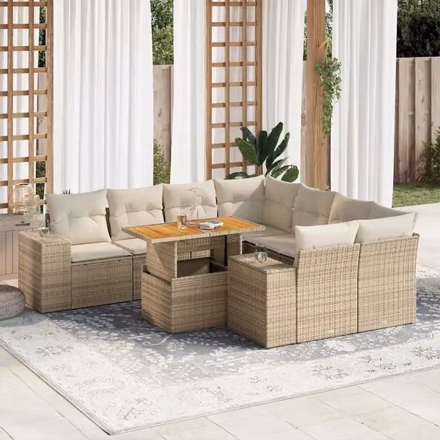 Set Divano da Giardino a L vidaXL in Polyrattan con Cuscini Beige e Tavolino da Esterno