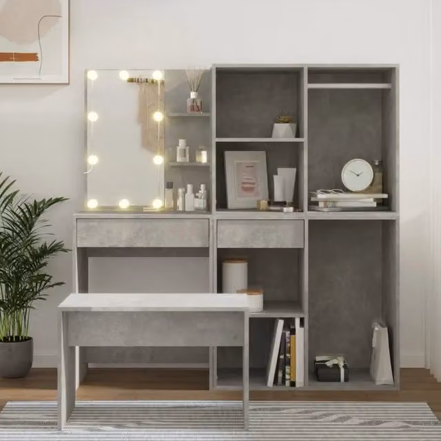 vidaXL Set Tavolo da Toeletta Moderno con LED Grigio Cemento e Legno Multistrato L/P/H: 140 x 40 x 60 cm – 1