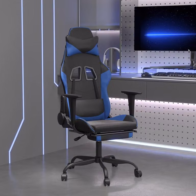 Sedia da Gaming vidaXL con Poggiapiedi, Rivestimento in Similpelle, Nero e Blu