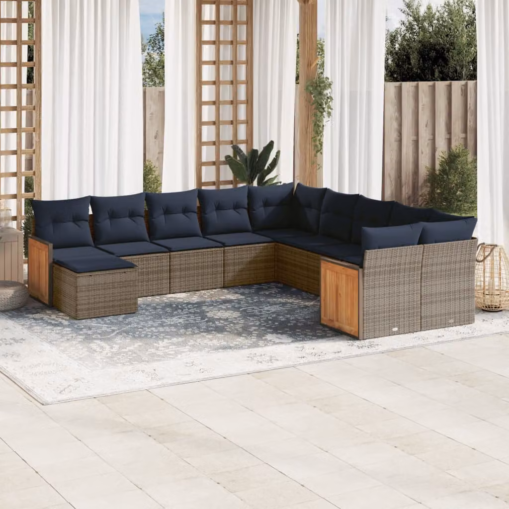 Set di divani da giardino vidaXL 11 pezzi in polyrattan grigio con cuscini e pouf a forma di U