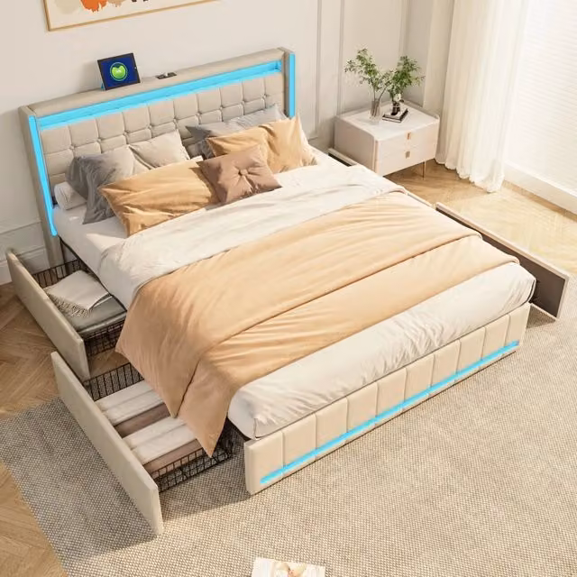 Letto Matrimoniale 140x200 cm con 4 Cassetti; Struttura Letto Imbottito con Luci LED e Porta USB; Testiera in Lino; Senza Materasso; Beige