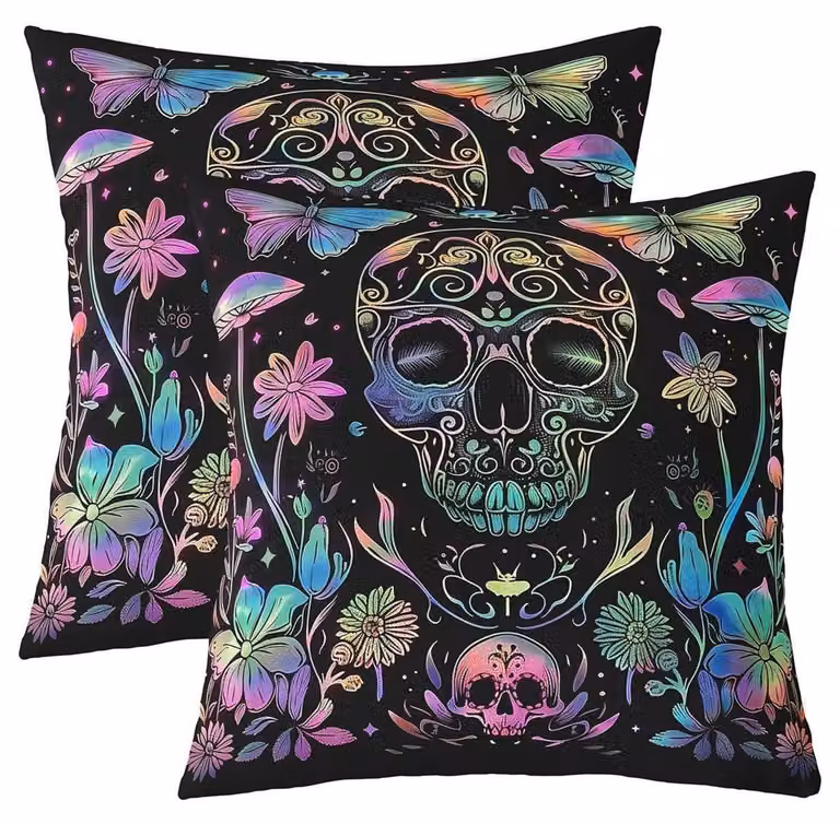 Set di 2 federe per cuscini, 50x50 cm, motivo: teschio di zucchero, stile bohémien, arcobaleno, scheletro, colori: nero, verde, blu, materiale: poliestere