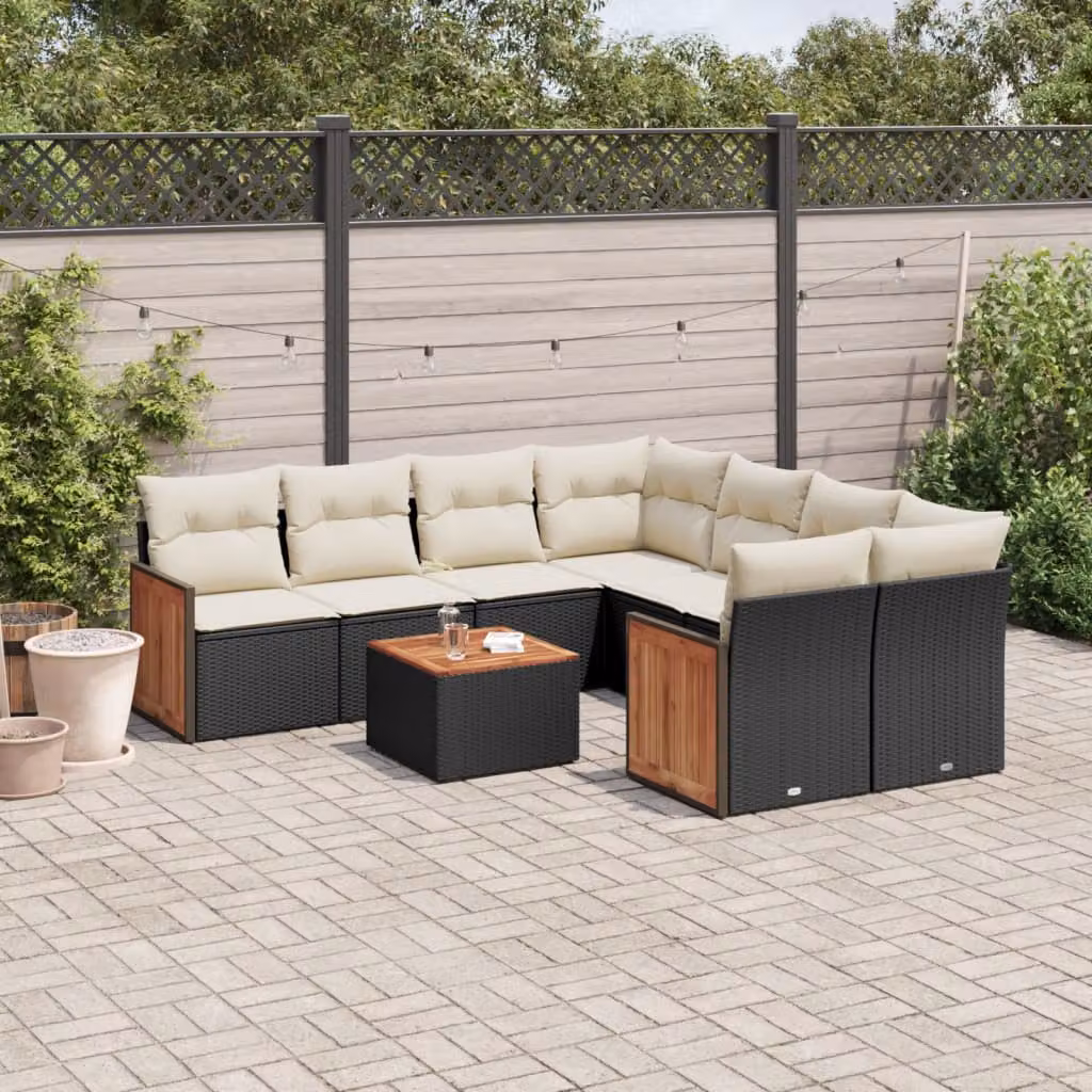 vidaXL Set Divani da Giardino 9 pz a Forma a L in Polyrattan Nero con Cuscini e Tavolino da Esterno – 1